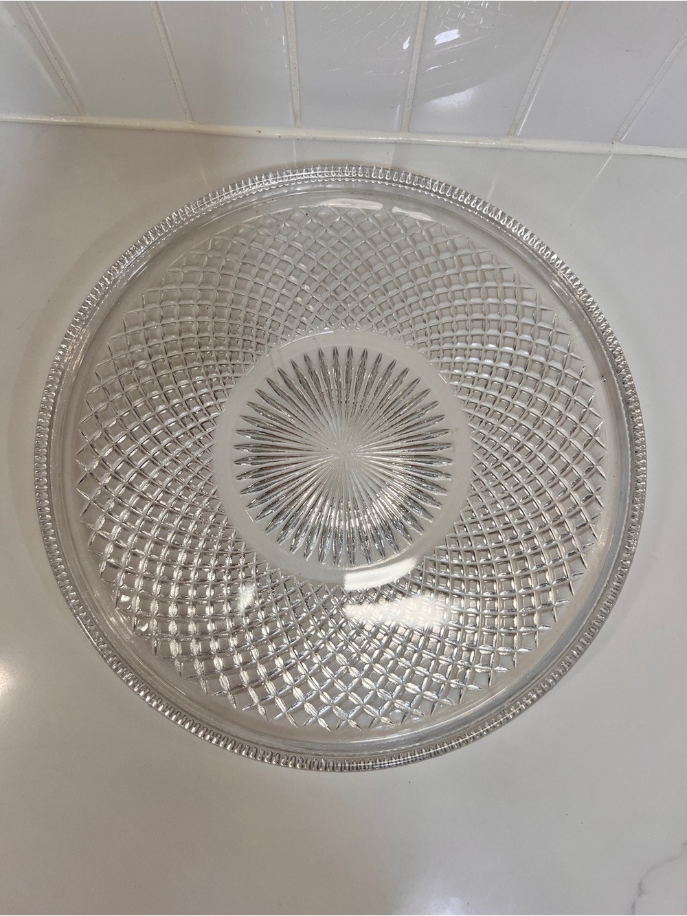 Vintage Glass 10” Round Plate For Serving Tray Or As Cake Plate Starburst Swirl
